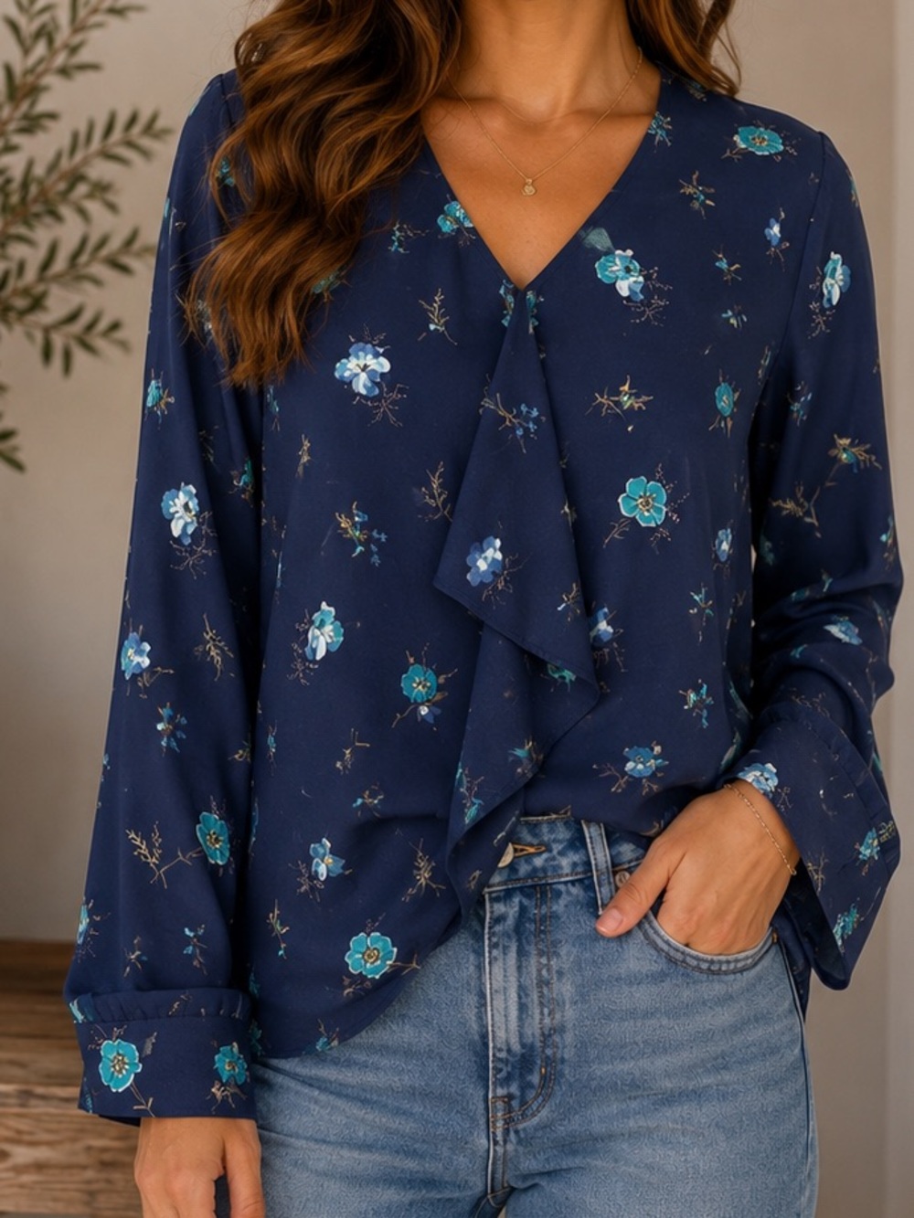 Van Heusen Women’s navy blue floral long-sleeve V-neckline cascading ruffle xxl
